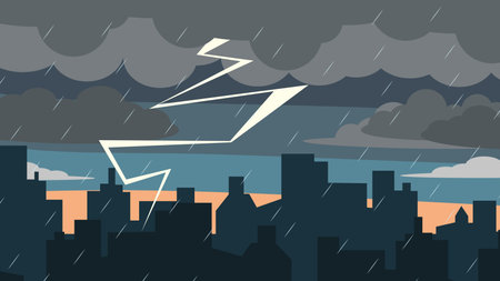 Thunderstorm and rain on the city. Vector illustration in flat styleのイラスト素材