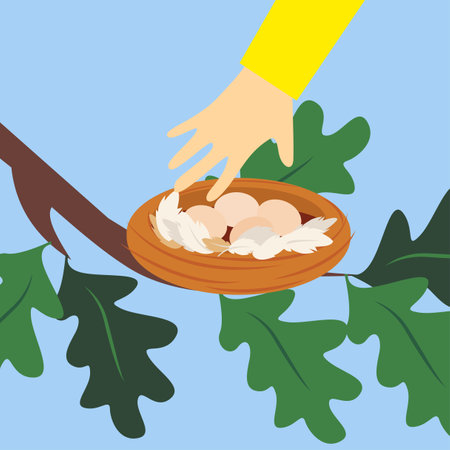 Eggs in the basket on the tree. Vector illustration.のイラスト素材