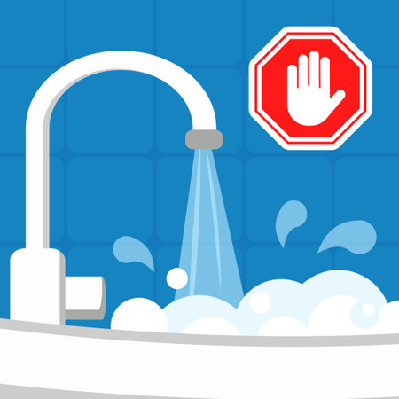 Illustration of a water tap with a stop sign on a blue backgroundのイラスト素材