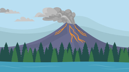 Volcano eruption in flat style. Landscape with volcano and forest. Vector illustration.のイラスト素材