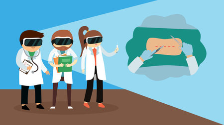 Illustration of a group of doctors in virtual reality glasses. Flat styleのイラスト素材