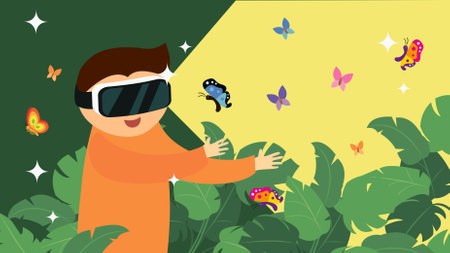 Boy wearing virtual reality glasses in the garden. Vector illustration in flat styleのイラスト素材