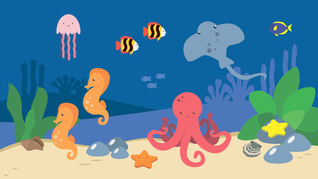 Underwater world with octopus, jellyfish and seahorseのイラスト素材