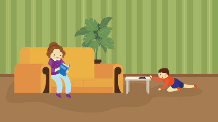 Mother and son spend time together in the living room. Vector illustrationのイラスト素材
