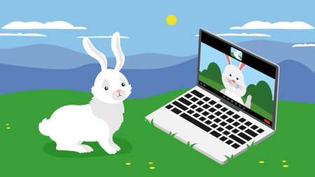 Easter bunny with laptop on green meadow. Vector illustration.のイラスト素材