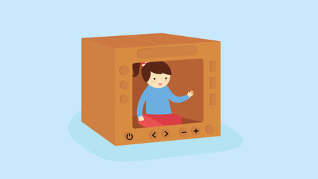 Little girl playing in a cardboard box. Vector illustration in cartoon style.のイラスト素材