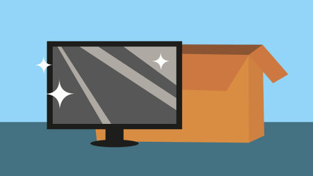 Box and computer. Vector illustration in flat style. Delivery service concept.のイラスト素材