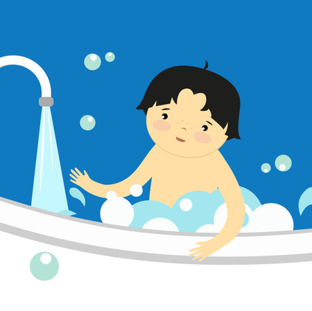 Little boy bathes in a bath with soap bubbles. Vector illustrationのイラスト素材
