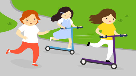 Children riding scooters in the park. Vector illustration in flat styleのイラスト素材