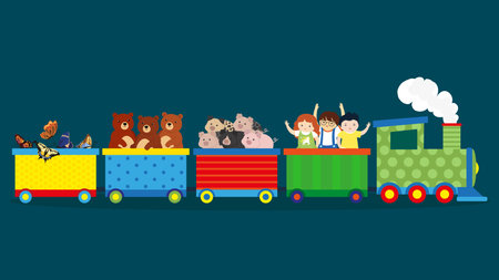Children playing on the train. Vector illustration in flat design style.のイラスト素材