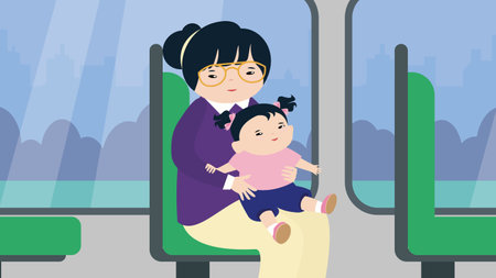 Mother and daughter in public transport. Vector illustration in flat style.のイラスト素材