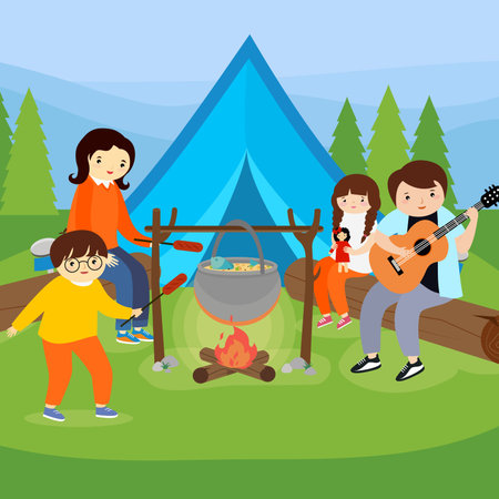 Family camping in the forest. Vector illustration in flat design style.のイラスト素材