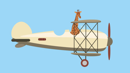 Illustration of an old airplane with a giraffe on a blue backgroundのイラスト素材