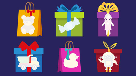 Set of gift boxes and toys in flat style. Vector illustration.のイラスト素材