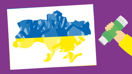 Illustration of a hand holding glue with a map of Ukraine.のイラスト素材