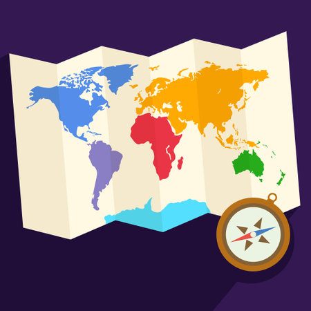 Compass and map of the world. Flat design vector illustration.のイラスト素材
