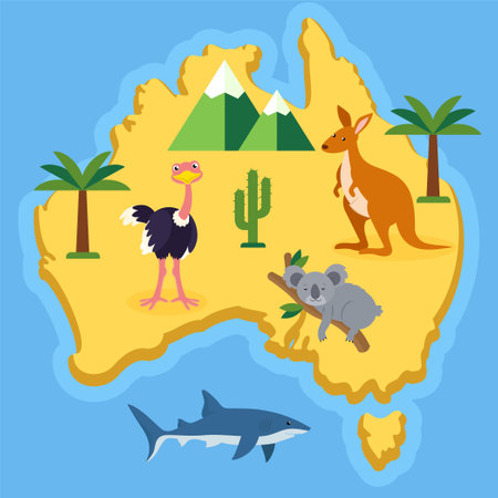 Australia map with animals. Vector illustration in flat style on the theme of travel.のイラスト素材