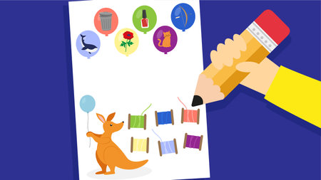 Kangaroo with a balloon and spools of thread on a sheet. Flat vector illustration design.のイラスト素材