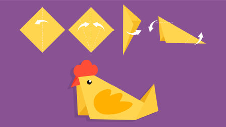 Vector illustration of chicken and paper envelopes on purple background. Flat style.のイラスト素材