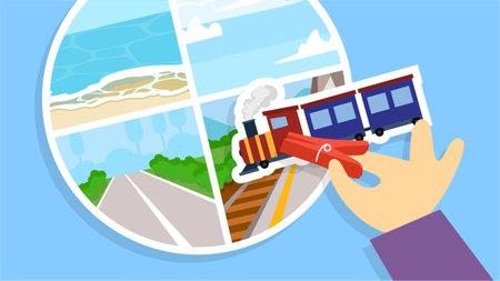 Flat vector illustration design of a train travel application on the beach.のイラスト素材