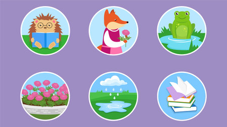 Set of round icons with cute animals and flowers. Vector illustration.のイラスト素材