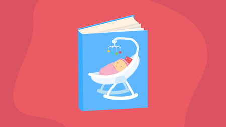 An illustration of a child in a baby carriage on the cover of the book.のイラスト素材
