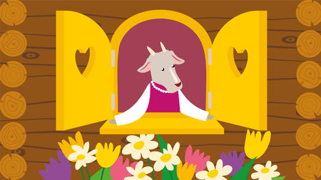 Illustration of a cute goat in a window with flowers on a wooden backgroundのイラスト素材