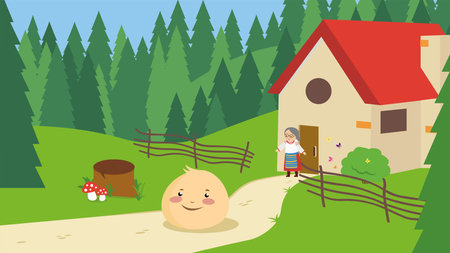 happy little girl in the countryside with a bun, vector illustrationのイラスト素材