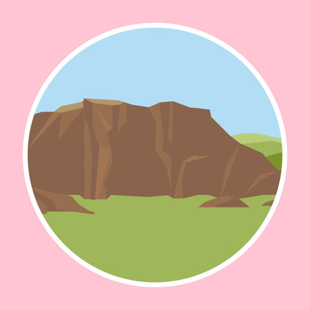 Rocky mountain landscape in flat style. Vector illustration on a pink background.のイラスト素材
