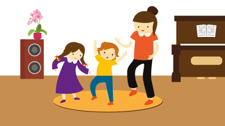 Mother and children playing in the living room at home vector illustration.のイラスト素材