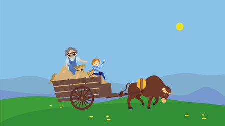 Old woman and child riding a cart with haystacks. Vector illustrationのイラスト素材