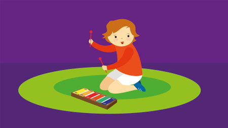 Boy playing xylophone. Flat illustration of boy playing xylophone vector icon for web designのイラスト素材