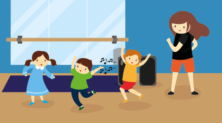 Vector Illustration Of Kids Exercising With Teacher In The Gymのイラスト素材