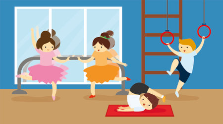 Group of children doing gymnastic exercises. Vector illustration in flat styleのイラスト素材