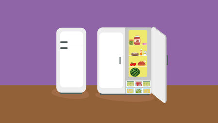 Refrigerator vector illustration. Refrigerator with different food inside.