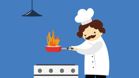 Chef cooking food in the kitchen. Flat style vector illustration.のイラスト素材