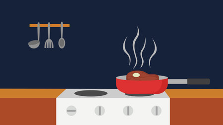 Cooking on a gas stove. Vector illustration in flat style.のイラスト素材