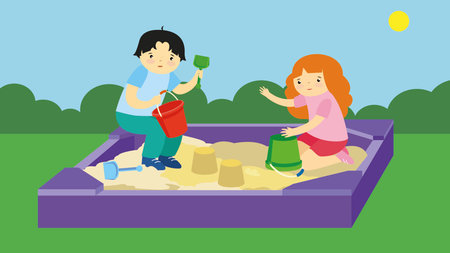Boy and girl playing in the sandbox. Vector illustration in flat styleのイラスト素材