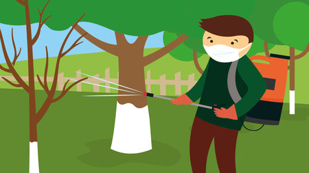Man in protective mask spraying insecticide on trees. Vector illustration.のイラスト素材
