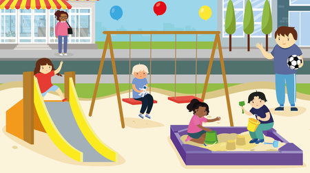Children playing on the playground. Vector illustration in a flat style.のイラスト素材