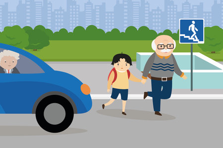 Grandfather and grandson crossing the street. Flat design vector illustration.のイラスト素材