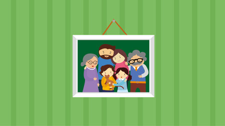 Grandparents and grandchildren looking out the window. Vector illustration in flat style
