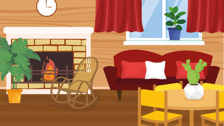 Living room interior with fireplace, armchair, pillows and rocking chair. Flat vector illustration.のイラスト素材