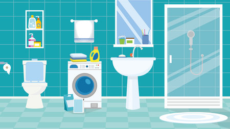 Laundry room interior with washbasin and toilet. Vector illustration.のイラスト素材