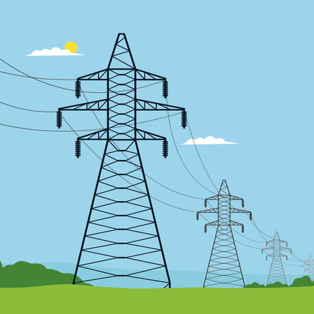 High voltage power line. Electricity pylons. Vector illustration.のイラスト素材