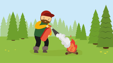 Camping man with a fire in the forest. Vector illustration.のイラスト素材