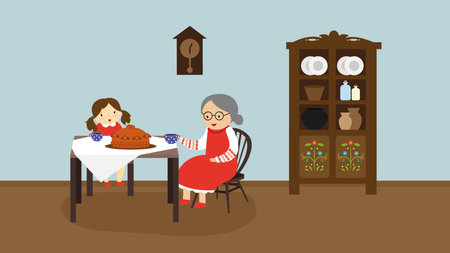 Grandmother and granddaughter are sitting at the table. Vector illustration.のイラスト素材