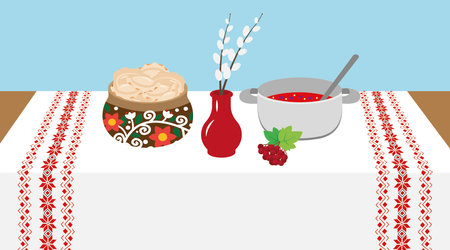 Illustration of a table with a vase of willow twigs and a bowl of berry jamのイラスト素材