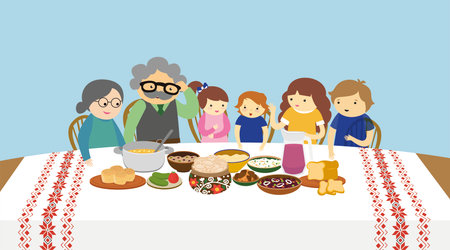 Elderly people at the dining table. Vector illustration in flat style.のイラスト素材