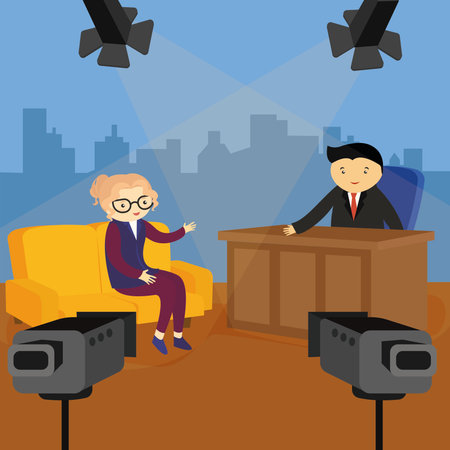 Journalist Interviewing Businessman, Flat Design Vector Illustration.のイラスト素材